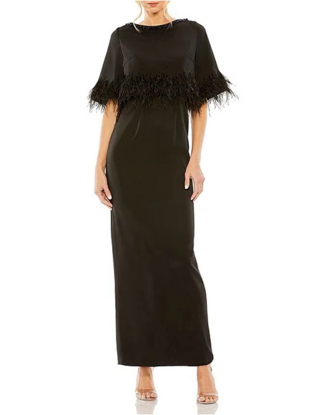 Mac Duggal Quarter Sleeve Crystal Neck Feather Detail Satin Dress on 8